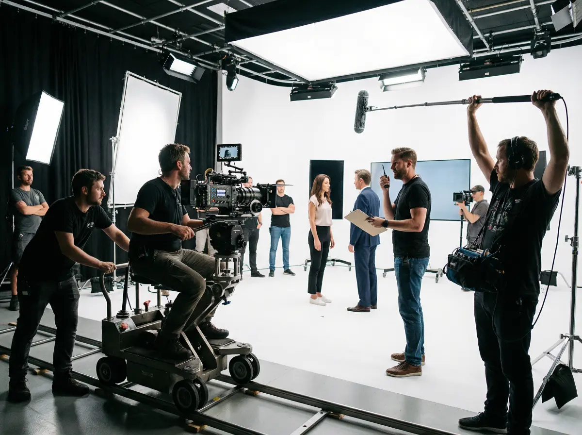 专业影视团队在摄影棚内拍摄场景